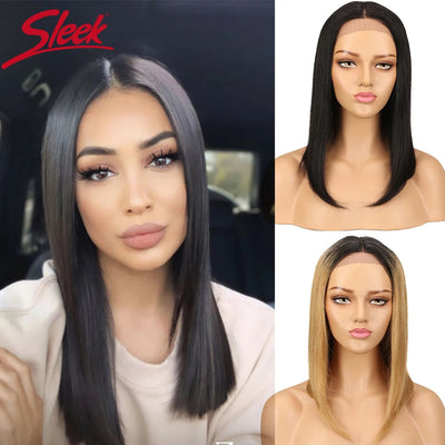 Sleek Lace Human Hair Wigs For Women Straight Bob Brazilian Hair Wigs Long Brown Red Colored T Part Lace Wigs Real Woman Wigs