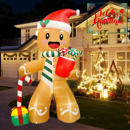 2.4M Christmas Inflatables Gingerbread Man Gift Pack Candy Built-in LED Lights Model Outdoor Ornament Party Garden Decor Prop Good Vibrations