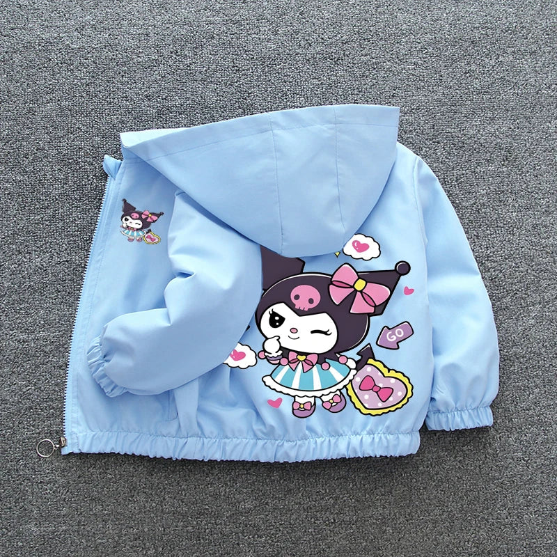 Kuromi Melody Girls Windbreaker Jacket 2024 New Spring Autumn Kid Fashion Cartoon Zipper Hooded Coat Teen Clothing Birthday Gift Good Vibrations