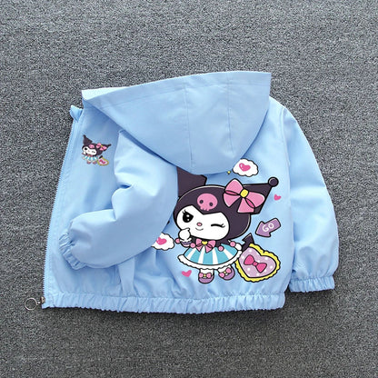 Kuromi Melody Girls Windbreaker Jacket 2024 New Spring Autumn Kid Fashion Cartoon Zipper Hooded Coat Teen Clothing Birthday Gift Good Vibrations