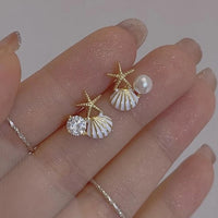 Fashion Asymmetric Ocean Style Earrings Stud  For Women Starfish Shell Earring Ear Ring Imitation Pearl Zircon Jewelry Gift Good Vibrations
