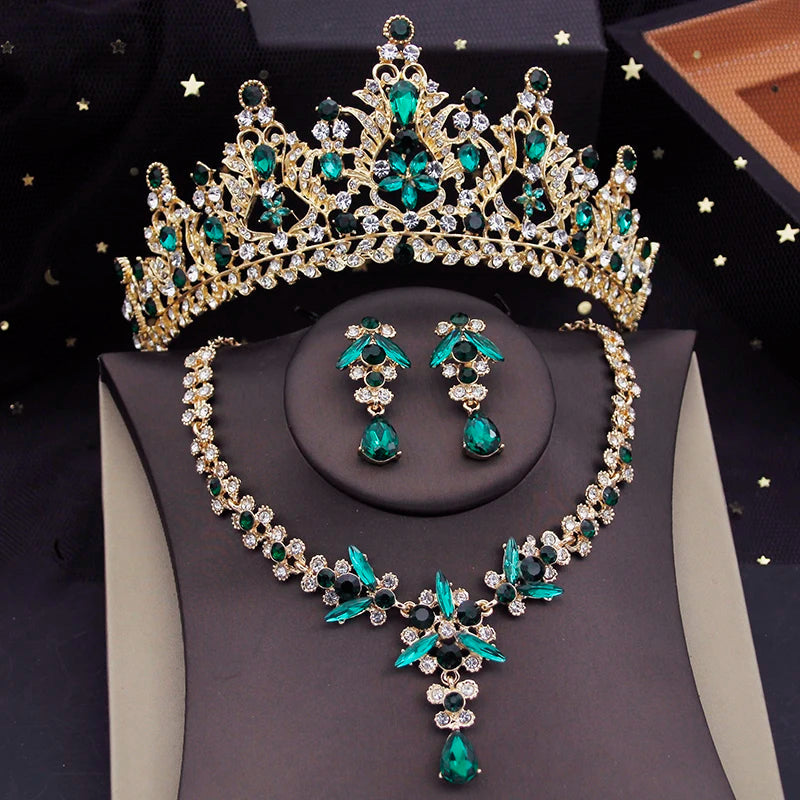 Red Bridal Jewelry Sets for Women Tiaras Crown Necklace Earrings Set Wedding Dress Bride Costume Accessories Good Vibrations