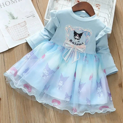 Fashion Girls Dress Spring Autumn Mesh Cartoon Kuromi Long Sleeve Princess Dresses for 2-6 Years Kids Birthday Party Costume Good Vibrations