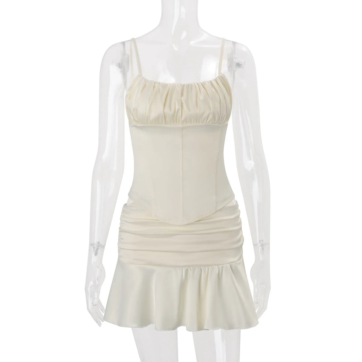 Elegant Women's Matching Sets Two Piece Outfits 2 Pieces Set For Woman French Slim Top Skirts Ruffles Solid Color Straps Pleated Good Vibrations