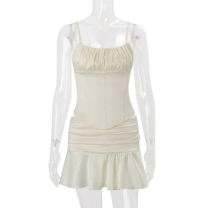 Elegant Women's Matching Sets Two Piece Outfits 2 Pieces Set For Woman French Slim Top Skirts Ruffles Solid Color Straps Pleated Good Vibrations