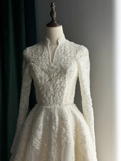 Sharon Said Elegant Luxury Dubai Beading Pearls Long Sleeves V-Neck  Wedding Dress Princess Arabic Bride Dress SW518 Customized Good Vibrations