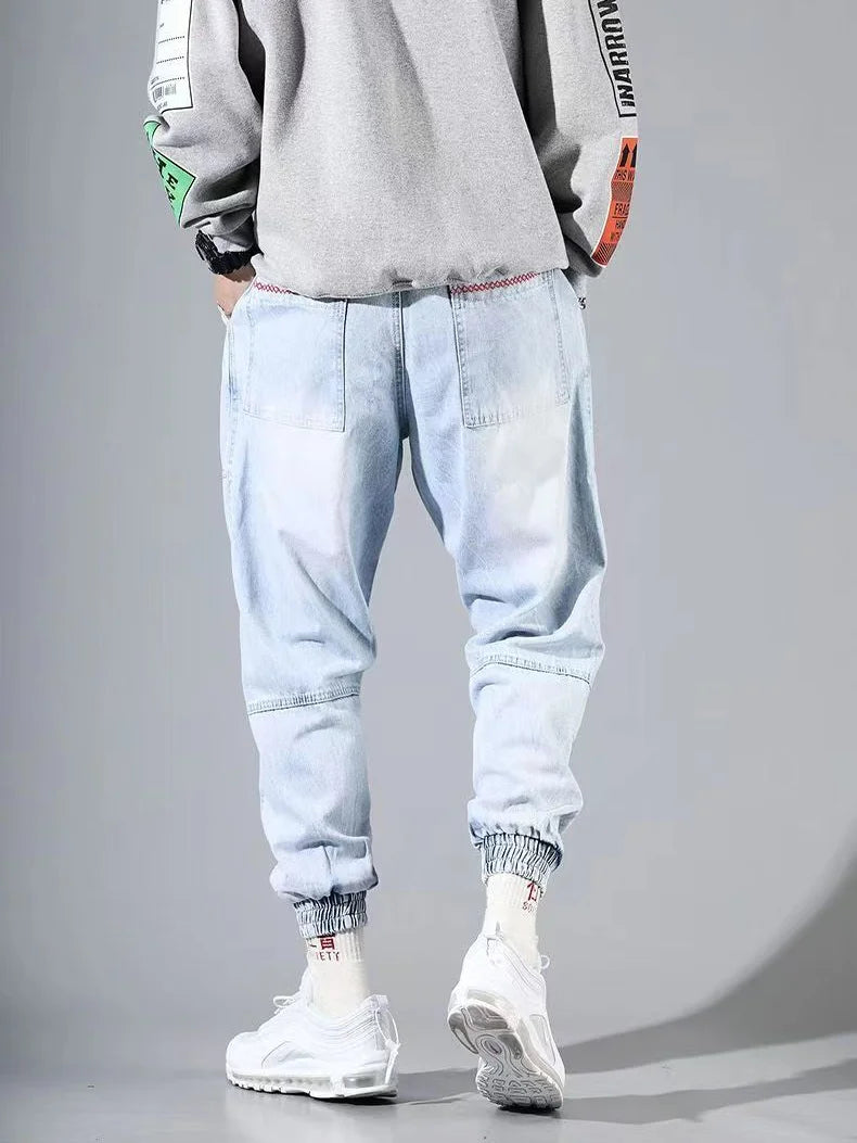 S-5XL Baggy Denim Pants for Men Autumn/winter Trendy Loose Cargo Jeans Casual Korean Slim Legged Male Hip-Hop Capri Pants Blue Good Vibrations