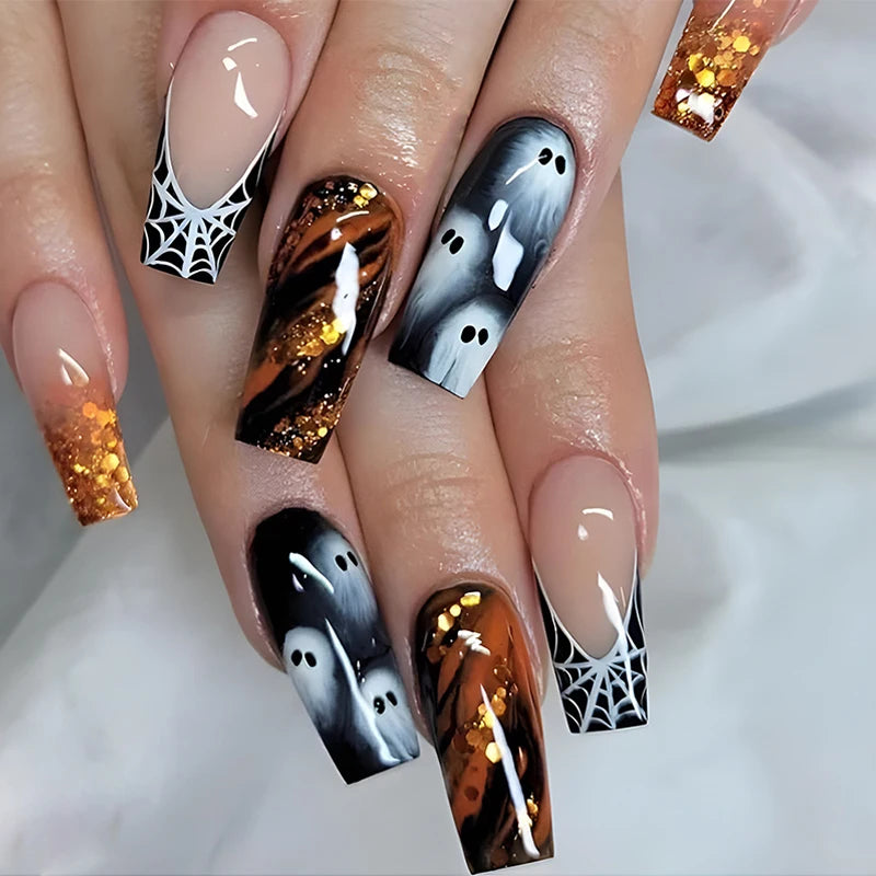 Halloween Acrylic Press On Nails Almond Shape Fake Nails Short Full Cover Glue On Nails Halloween Stick On Nails Cute Ghost Pump Good Vibrations