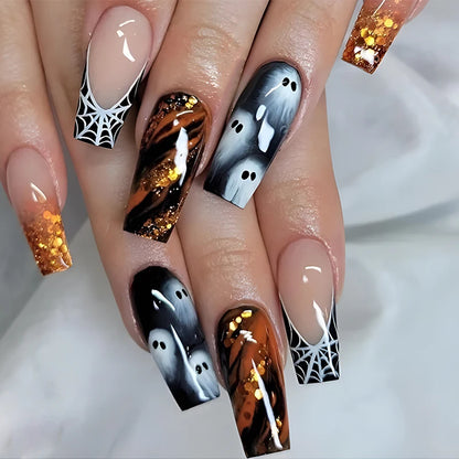 Halloween Acrylic Press On Nails Almond Shape Fake Nails Short Full Cover Glue On Nails Halloween Stick On Nails Cute Ghost Pump Good Vibrations