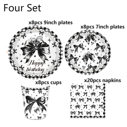 Black Bow Tie Party Disposable Tableware Sets Plates Cups Napkins Tablecloth For Wedding Birthday Party Dinnerware Decoration Good Vibrations