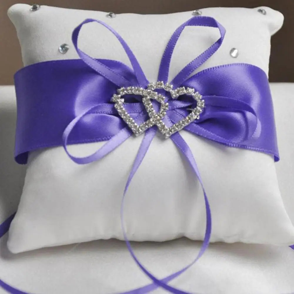10x10 cm Romantic Bridal Wedding Ring Pillow Double Heart Ribbon Cushion Decor European Romantic Rhinestone Decor For Wedding Good Vibrations