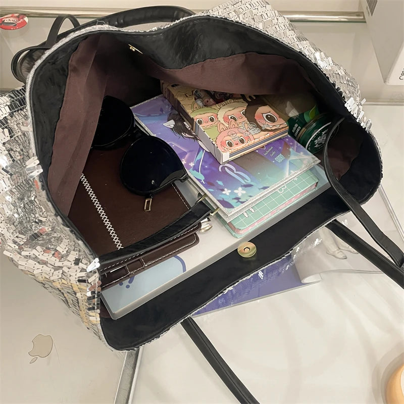 Sequined Underarm Shoulder Evening Tote Bags For Women Shiny Big Capacity Shopper Totes Nightclub Party Luxury Designer Handbags Good Vibrations