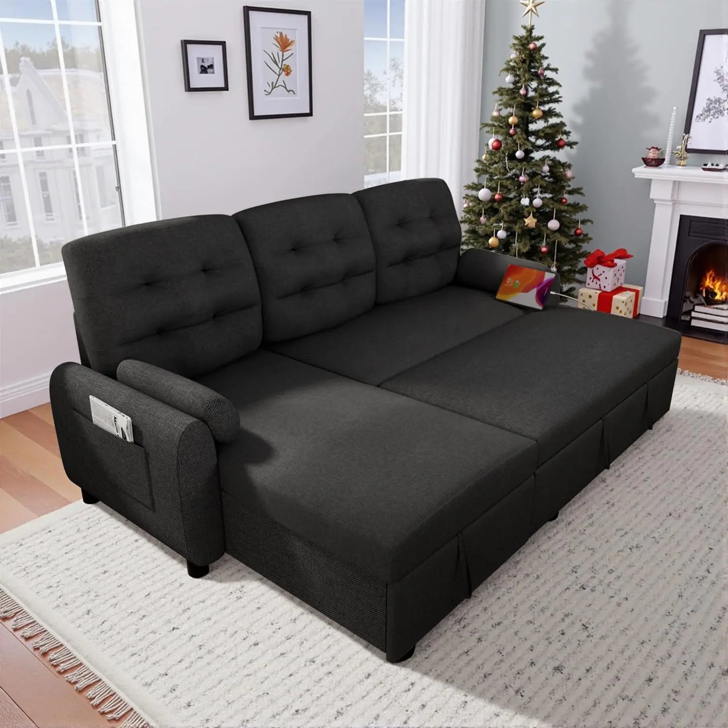 2-in-1 Sleeper Sofa – Pullout Bed with Reversible Chaise & Charging Station Good Vibrations