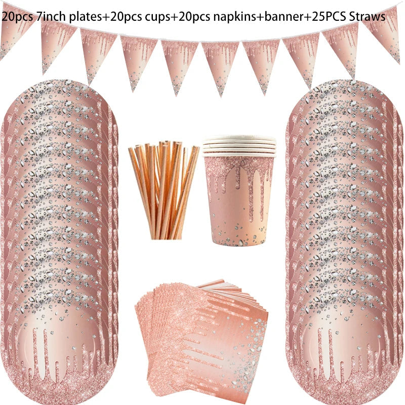 Diamond Glitter Paper Plate Napkins Rose Gold Disposable Tableware Rose Gold Wedding Birthday Party Supplies Women Party Decor Good Vibrations