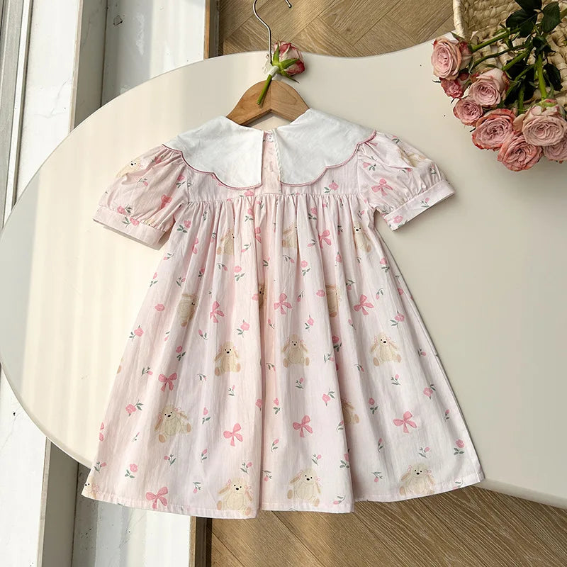 Girls Dress Children's Clothing Bow Embroidered Flower Collar Girls' Dress Summer Cartoon Printed Short Sleeved Princess Dress Good Vibrations