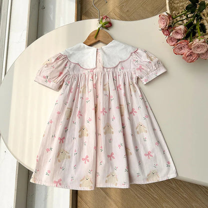 Girls Dress Children's Clothing Bow Embroidered Flower Collar Girls' Dress Summer Cartoon Printed Short Sleeved Princess Dress Good Vibrations