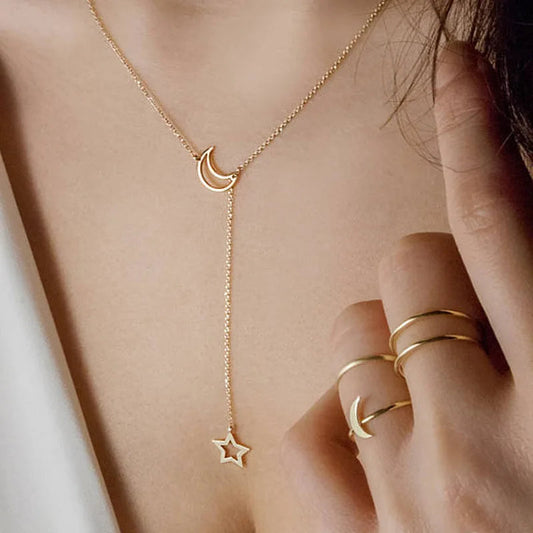 New Simple Moon Star Pendant Choker Necklace Simple Gold Color Alloy Charm Chain Collares Necklace For Women Party Jewelry Good Vibrations