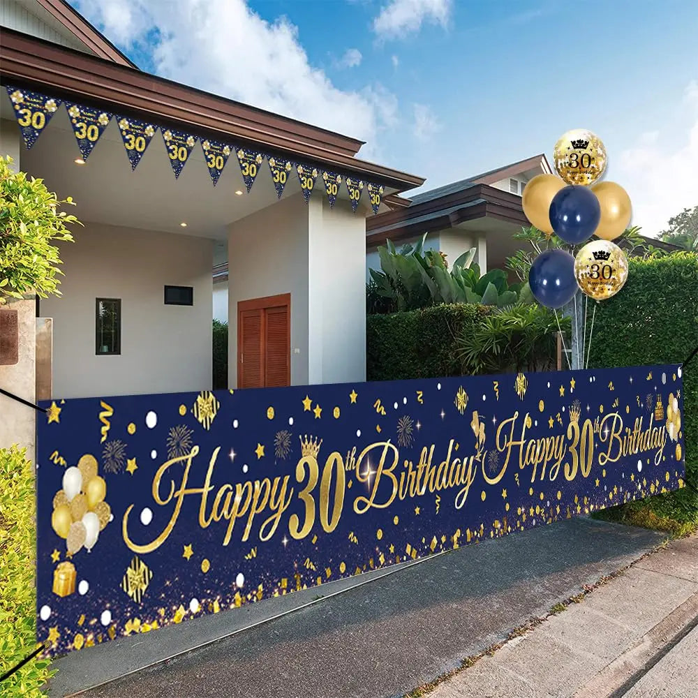 30th/40th/50th/60th/70th Birthday Decorations Men Women Birthday Balloon Garland Kit Happy Birthday Banner Blue Gold Balloon Good Vibrations