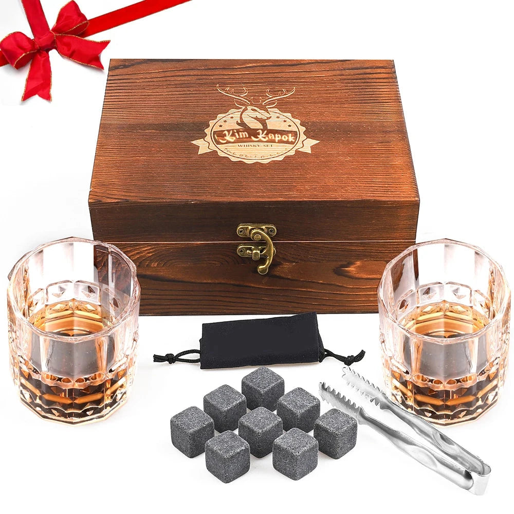 Whiskey Stones Gift Set Whiskey Glass Set of Granite Chilling Whiskey Rocks  Scotch Bourbon Whiskey Glass Gift Box Set Good Vibrations