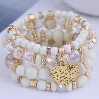 4pcs/set Boho Strand Bracelets For Women Crystal Beads Bracelets Heart Letter Elastic Bangles Wristband Yoga Jewelry Gifts Good Vibrations