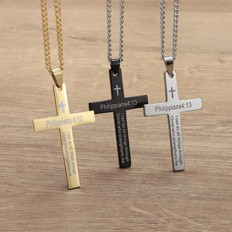 Philippians 4:13 Men's Simple Cross Pendant Necklace Stainless Steel Religious Amulet Jewelry Unisex Bijoux Good Vibrations