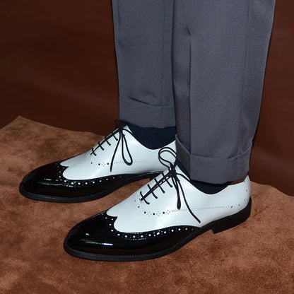 Formal Oxfords Shoes for Men White Black Real Cow Patent Leather Business Lace-up Wingtip Toe Brogue Wedding Mens Dress Shoes Good Vibrations