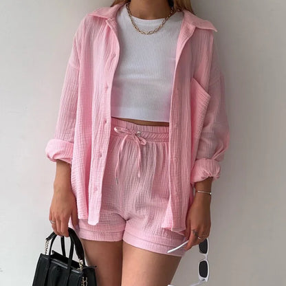 Solid Color Casual Loose Short Pants Sets For Women 2025 Elegant Summer Women's Two Pieces Suit Full Set Female Outfit Clothes Good Vibrations