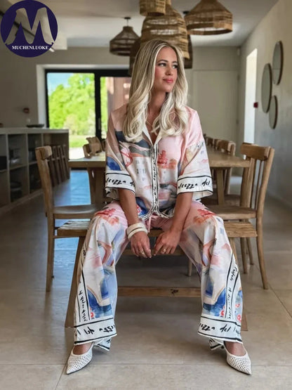 Women's Summer 2-Piece Set Elegant Printed Top & Casual Loose Wide Leg Pants Ensemble with Half Sleeve Fashionable Good Vibrations