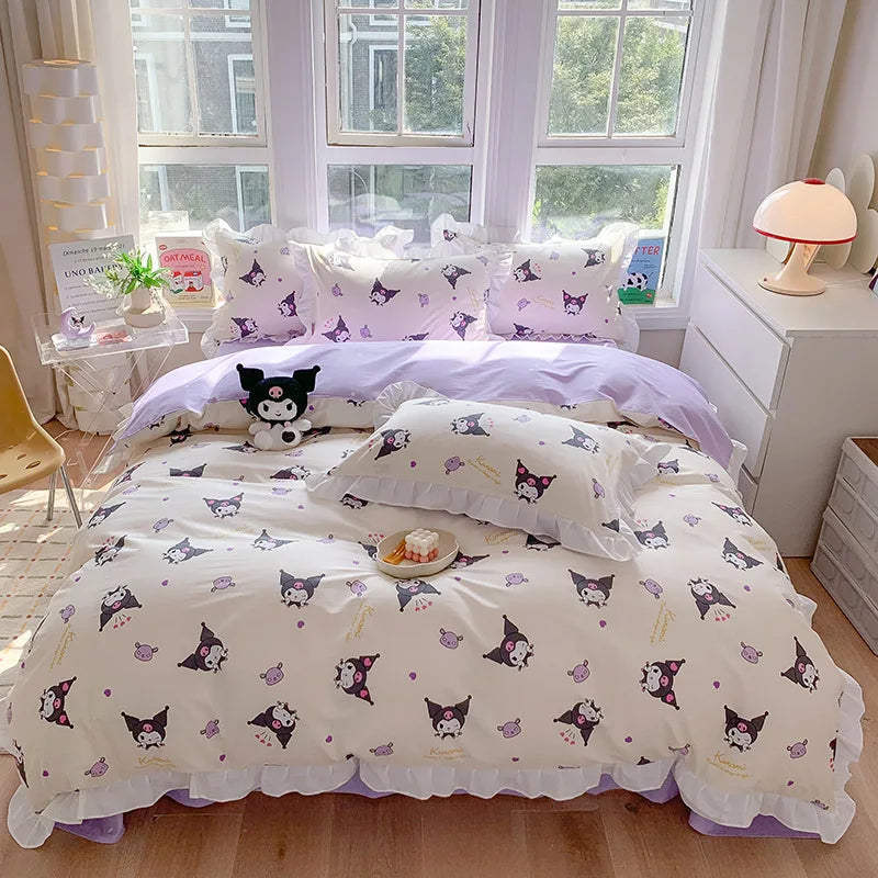 Sanrio Kids Bedding Set Kuromi Cinnamoroll Mymelody Duvet Cover Bed Sheet Pillowcase Bedsheet Double Single King Queen Twin Size Good Vibrations