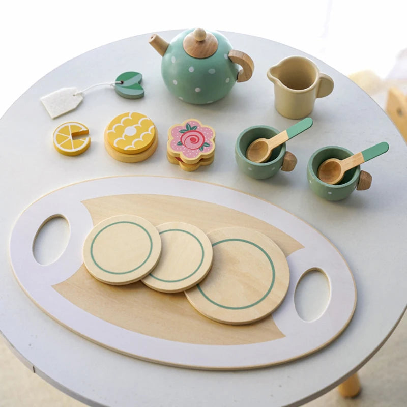 Wooden Afternoon Tea Set Toy Kitchen Accessories Tea Party Food Play Early Educational Toys for Toddlers Girls Boys Kids Gifts Good Vibrations
