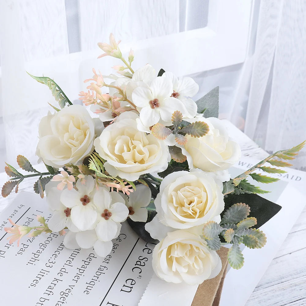 Beautiful Roses Autumn Artificial Flowers Silk Peony Hydrangea Big Bride Bouquet Wedding Home Party DIY Decoration Fake Flowers Good Vibrations