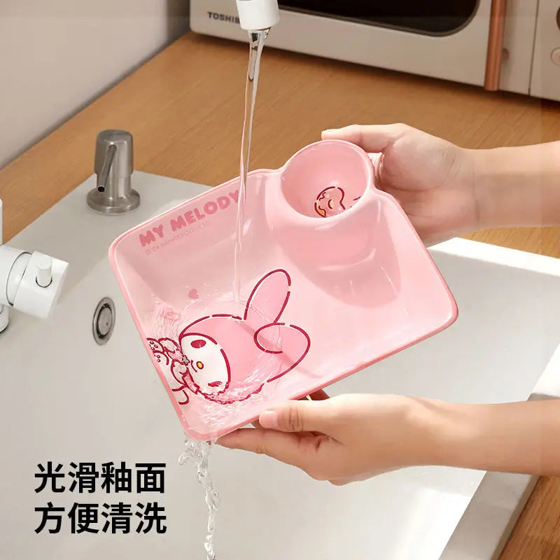 Cute Cartoon Sanrioed My Melody Hellokitty Cinnamoroll Ceramic Dumpling Plate with Vinegar Dish for Children's Breakfast At Home Good Vibrations