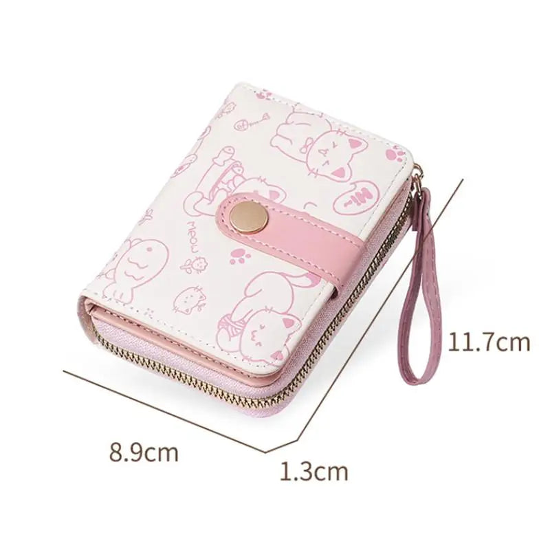Cute Cat PU Leather Coin Purse Women Fashion Short Wallet Folding Zipper Wallet ID Card Holder Travel Lightweight Cash Coin Bags Good Vibrations