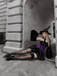 Halloween Witch Costume Role Play Costume Adult Carnival Party Evil Wizard Dress Hat Top Skirt Sleeves Women's Fancy Dress Suit Good Vibrations