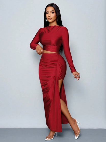 Women's Two-piece Set: Solid Color Elegant Leisure Simple Asymmetric Collar Long-sleeve T-shirt and Fitted Pleated Side Slit Lon Good Vibrations