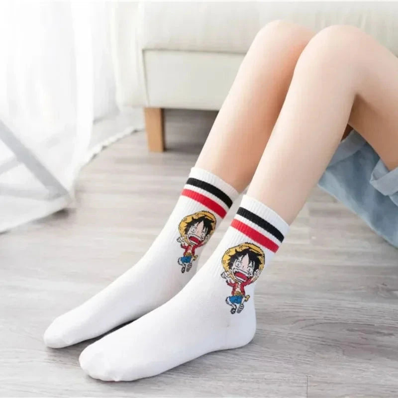 5Pair Anime One Piece Socks Cartoon Luffy Chopper Student Cotton White Long Short Boat Socks Printed Knitted Socks Children Gift Good Vibrations
