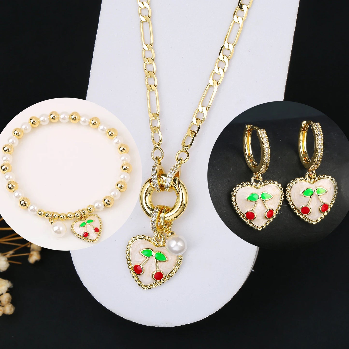 3pcs Hot Sale Shiny Zirconia Crystal Cherry Necklace Bracelet Earrings Jewelry Set Fashion for Woman Girl Wedding Lucky Jewelry Good Vibrations Adult Super Store