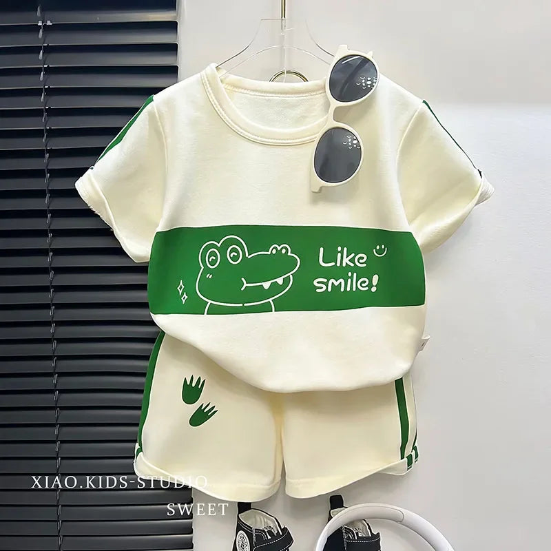 2024 New Kids Short Sleeve Suit Striped Girls Boys Set Summer Tops +short Baby Clothes Children's Wear Good Vibrations