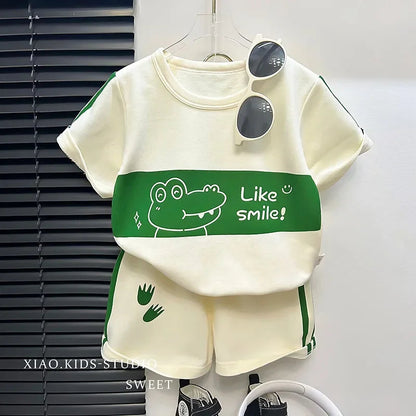 2024 New Kids Short Sleeve Suit Striped Girls Boys Set Summer Tops +short Baby Clothes Children's Wear Good Vibrations