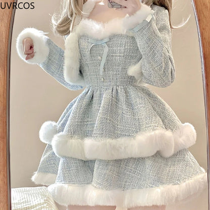 Korean Style Elegant Tweed Plaid Dress Sets Women Plush Patchwork Short Woolen Jackets Sexy Bow Mini Skirt Japanese Fashion Suit