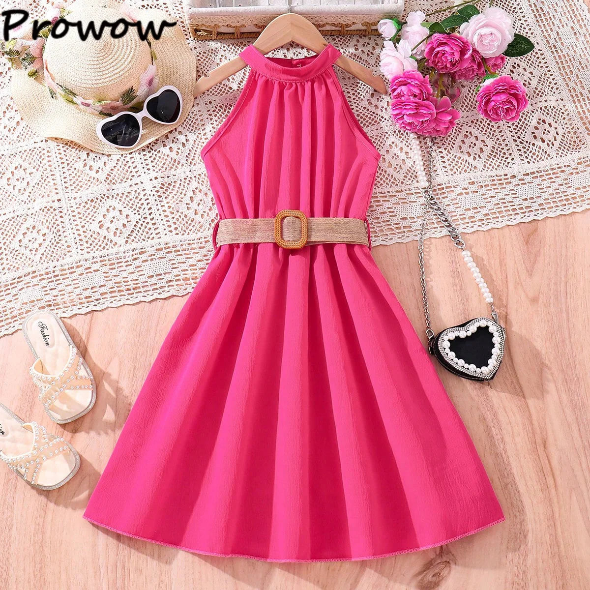 Prowow Girls Party Dresses Sleeveless Belted Halter Neck Hem Dress Holiday Beach Children's Clothing Teenagers Dress For Girls Good Vibrations