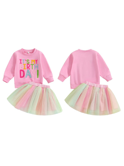 Toddler Birthday Clothes Baby Girl Tutu Skirt Outfit Letter Print Sweathsirt Rainbow Tulle Skirt Fall Winter Sets Good Vibrations