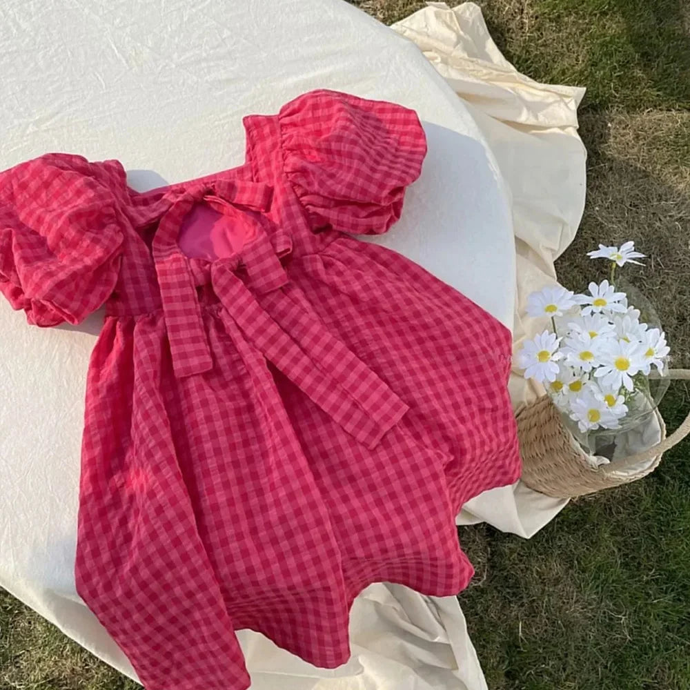 Bear Leader Rose Pink Plaid Bow Dress Elegant Lolita Child Big Girls Midi Dress Children Dresses Teens Party Princess Sundress Good Vibrations