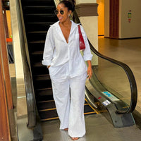 Solid Women Pant Sets Two Pieces Matching Set Elastic Waist Wide Leg Pants Long Sleeves Shirt Loose Elegant Casual 2025 Spring Good Vibrations