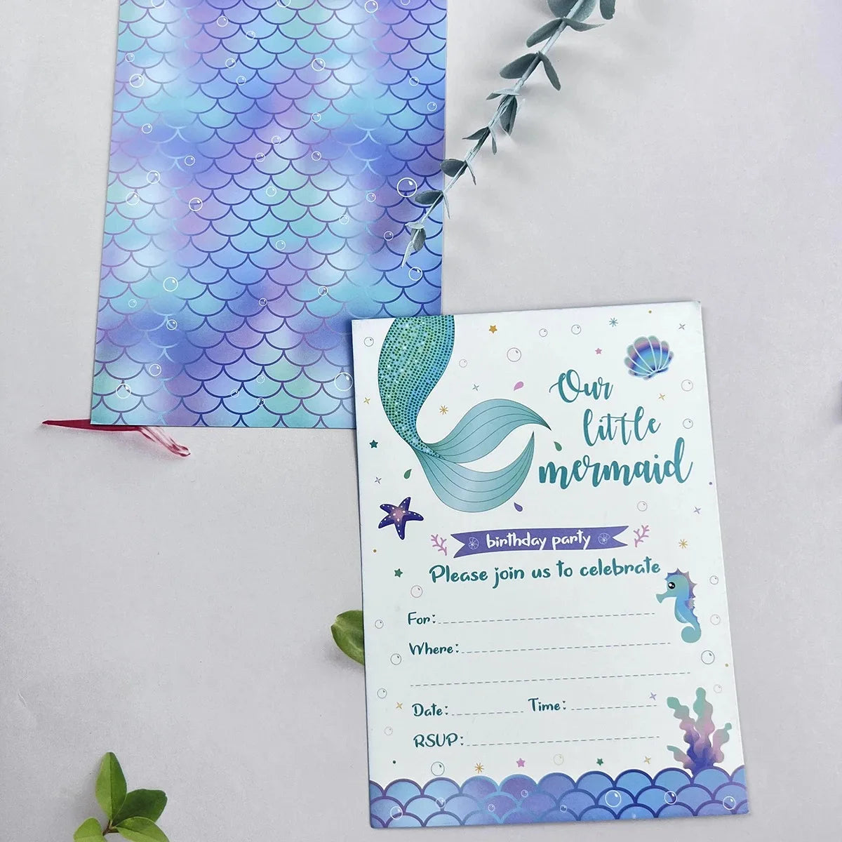 12pcCartoon Mermaid Shell Invitation Letter Girls Wedding Birthday Party Single Page Greeting Cards Baby Shower Party Decoration Good Vibrations