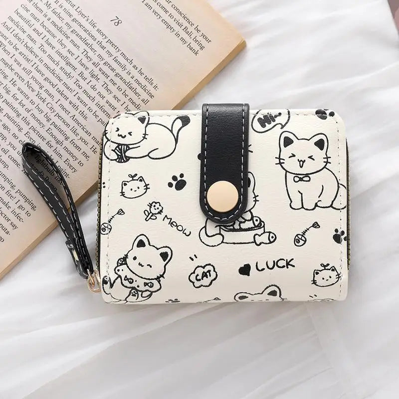 Cute Cat PU Leather Coin Purse Women Fashion Short Wallet Folding Zipper Wallet ID Card Holder Travel Lightweight Cash Coin Bags Good Vibrations