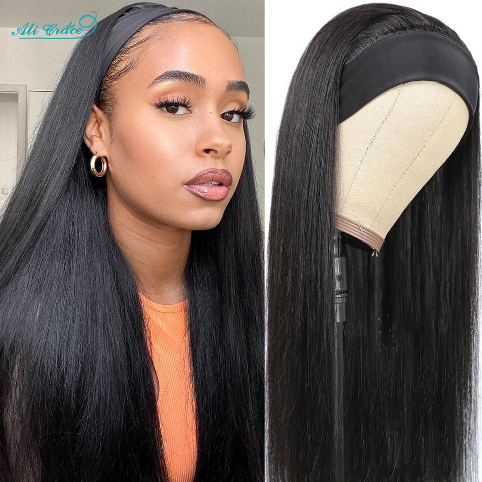 Ali Grace Glueless Wigs Straight Human Hair Wigs for Women Headband Hair Wigs With Adjustable Bangs Brazilian Straight Hair Wigs Good Vibrations