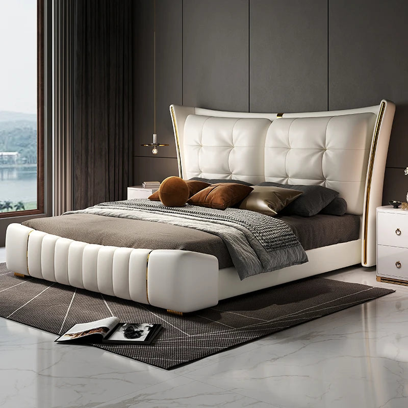 Light Luxury Leather King/Queen Bed Modern Soft Package Bed and Bedside Table for Bedroom Wedding Bed Solid Wood Bed Frame Good Vibrations