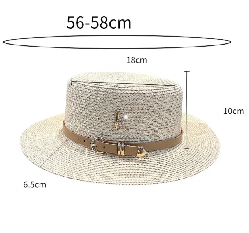 Summer Sun Hat Flat Top Straw Hats for Women New Metal R Letter Fashionable Beach Sun Hat Females Travel Holidays Boater Hat Good Vibrations