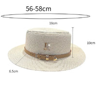 Summer Sun Hat Flat Top Straw Hats for Women New Metal R Letter Fashionable Beach Sun Hat Females Travel Holidays Boater Hat Good Vibrations